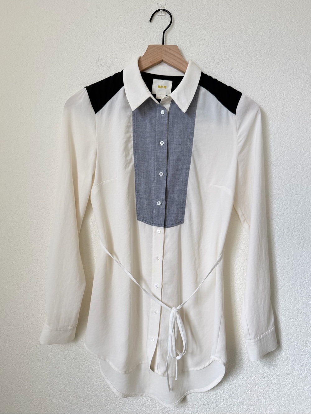 Maeve Colorblock Button Up Chambray Blouse Long Sleeve Tie Waist Size 0